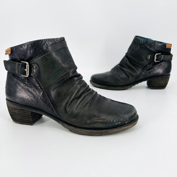 Pikolinos Ruched Black Leather Ankle Boots with Buckle‎ Size 40 - Picture 1 of 12
